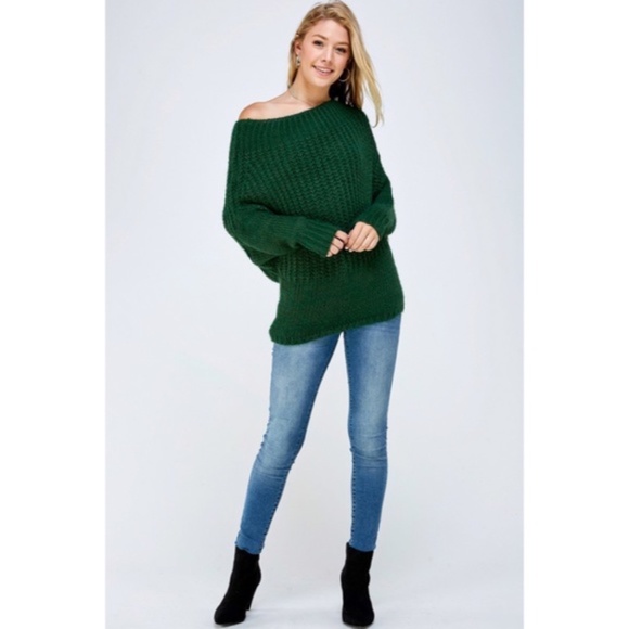Hunter Green Soft Fuzzy Off The Shoulder Pullover Knit Holiday Casual Sweater - Picture 6 of 6